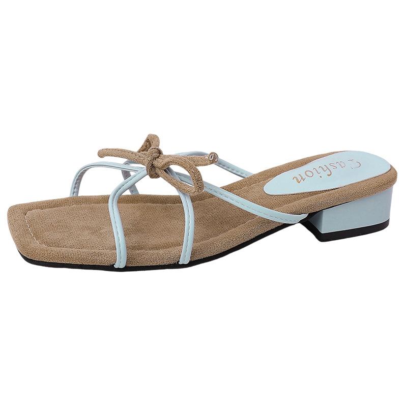 Retro versatile square head bow square heel one-word slippers women's summer fashion strap with skirt slope heel cool slippers