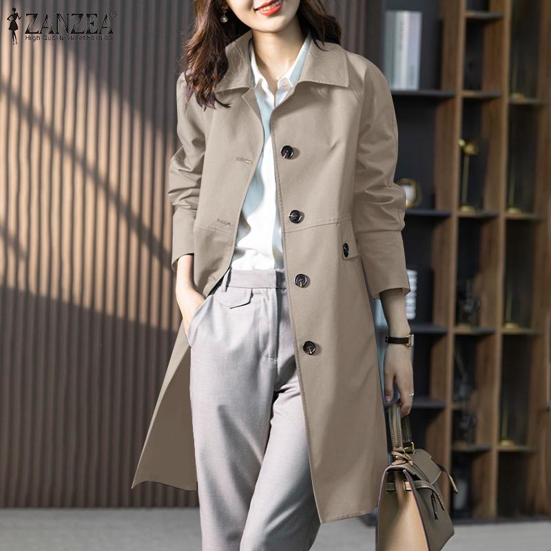 ZANZEA Dámské ležérní kabáty s dlouhým rukávem s ozdobným límcem s klopou do kapsy