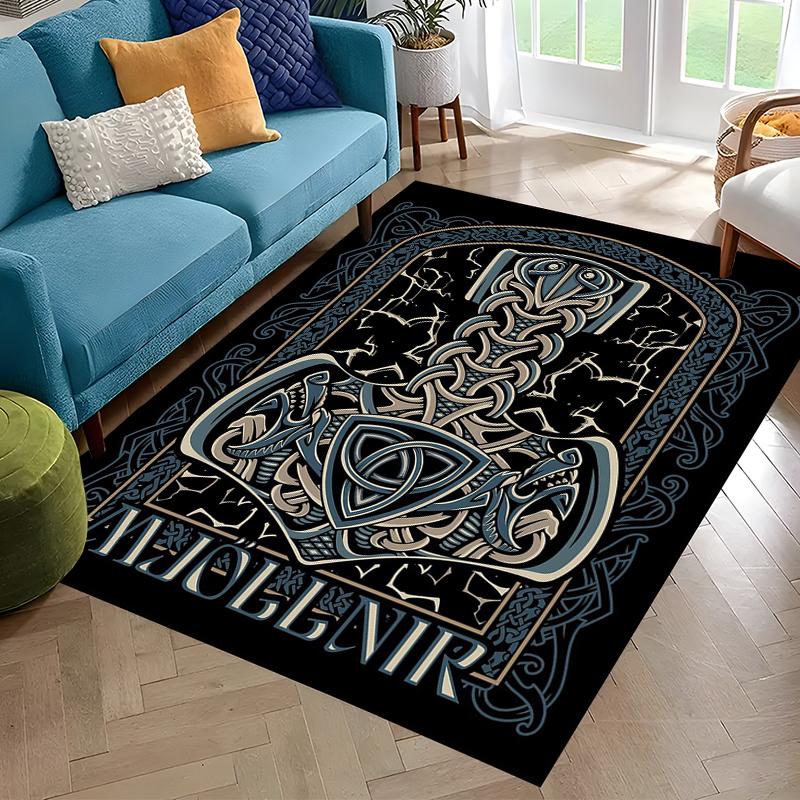 Nordisches Wikingerkrieger Symbol Walhalla Valknut Rune Motto Teppich für Schlafzimmer Wohnzimmer Sofa Zuhause Fußmatte Dekor, Rutschfeste Bodenmatte