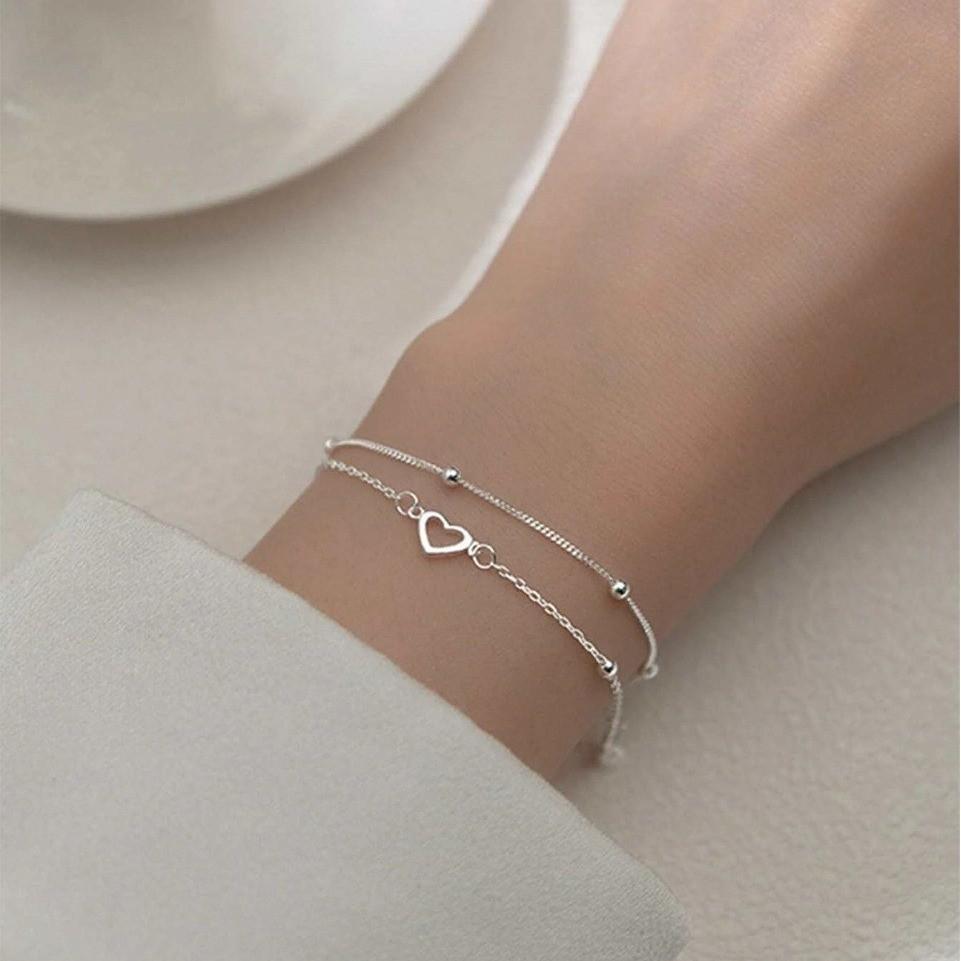 Exquisites Doppelschicht-Herz-Charm-Armband mit Kugelkette - Moderner japanischer & koreanischer Stil