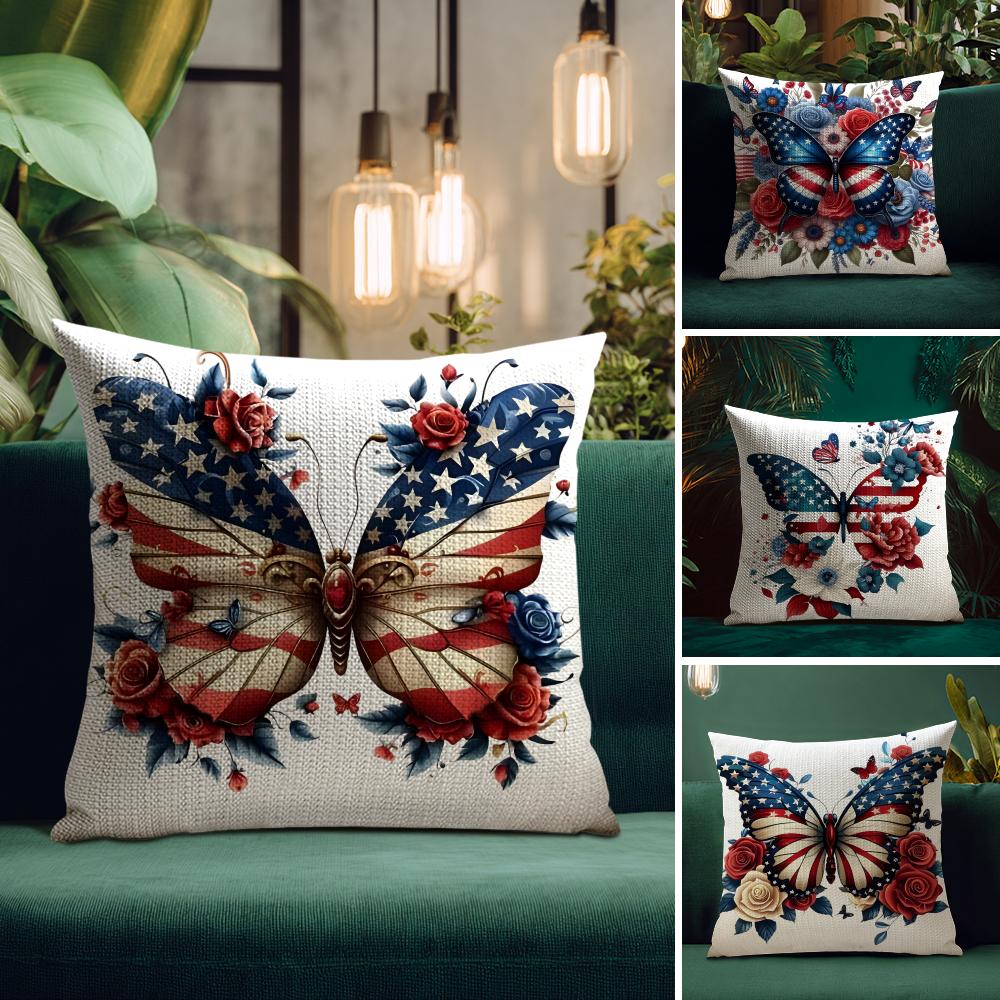 American Flag Butterfly Cushion Cover Natural Linen Pillow Case Double-Sided Print Decorative Sofa Pillowcase Home Decor Gift