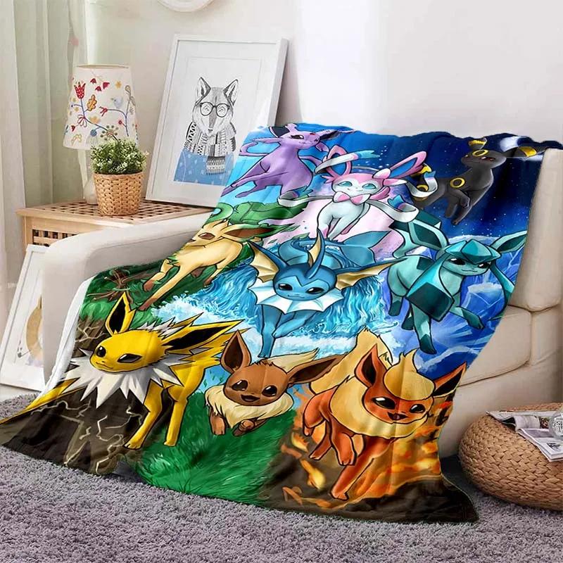 Cartoon Warme Weiche Pokémon Evoli Decke Flauschige Sofa karierte Plüsch Tagesdecke Winter Vier Jahreszeiten Überwurfdecke für Sofa Bett