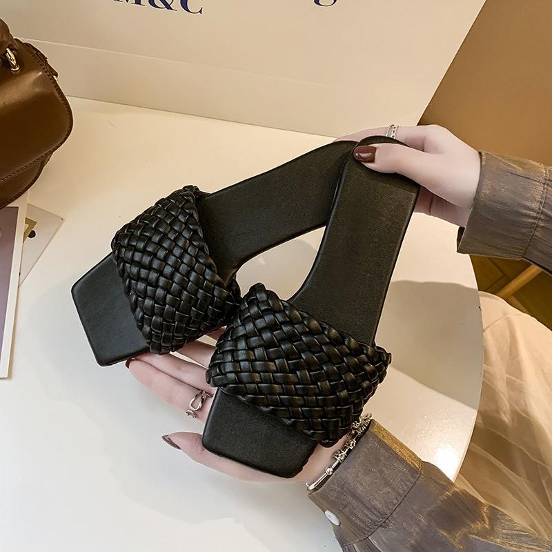 Women's Summer Clip On Flat Bottomed Slippers Casual Square Head Knitted Strap Beach Sandals Shoes 35-42