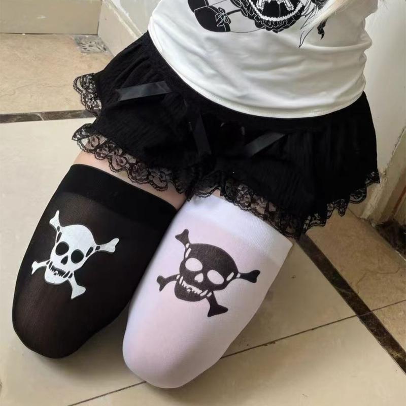 Women Gothic Skeleton Print Over Knee Socks Elastic Nylon Blend Thigh High Stockings For Halloween Event And Fall Outfit