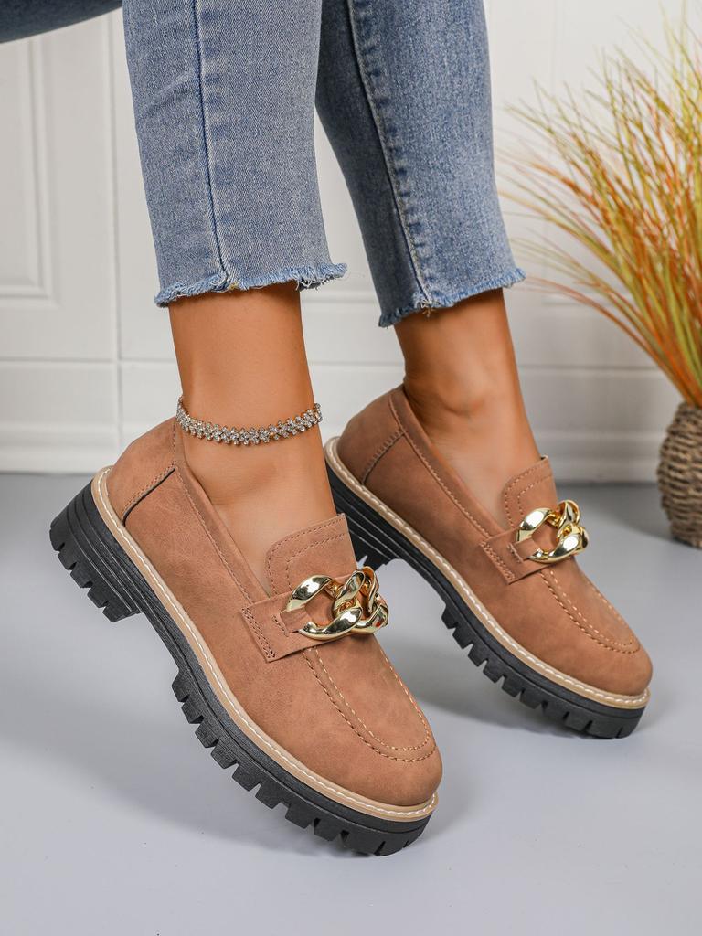 2025 Spring and Autumn New Foreign Trade Large Size Round Head Thick Sole Thick Heel Casual Metal Chain One-pedal Loafers