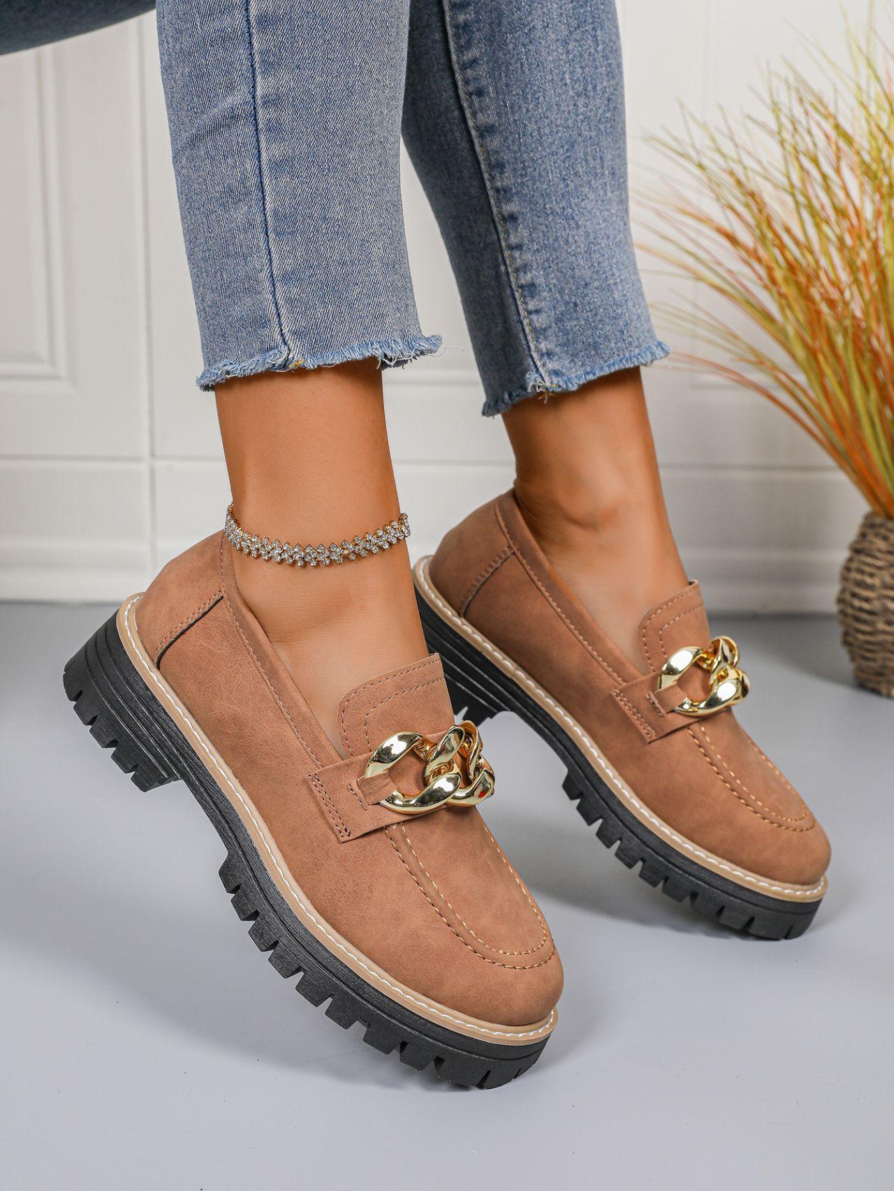 

2025 весна и осень новые внешнеторговые большие размеры круглый носок толстая подошва толстый каблук повседневные лоферы на одной педали с металлической цепочкой 43 темно-коричневого