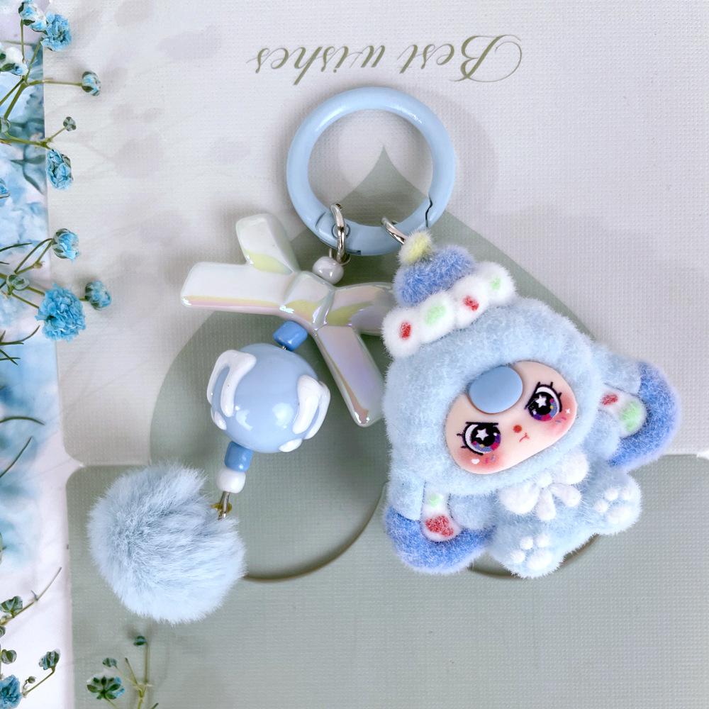 Lovely Sweet Flocking Key Chain Soft Plush Cute Cartoon Dessert Schoolbag Decoration Pendant Fashion Creative Crying Doll Key Rings for Female Handbag
