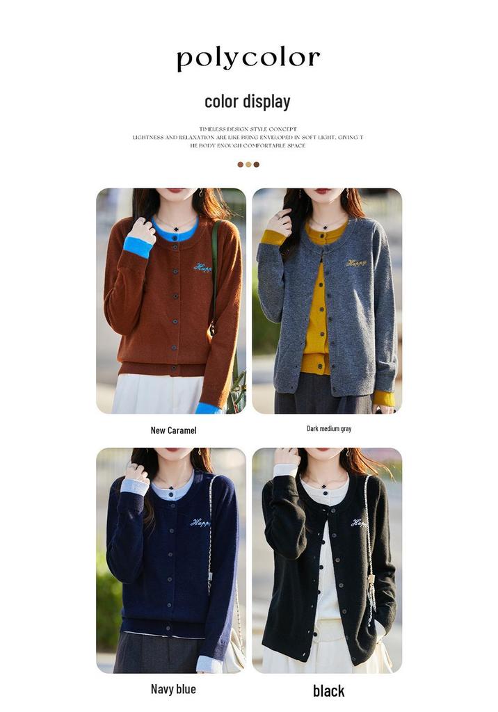 Double-Breasted Faux Two-Piece Cardigan: 2025 Autumn/Winter All-Wool Round Neck Button-Up with Letter Embroidery.
