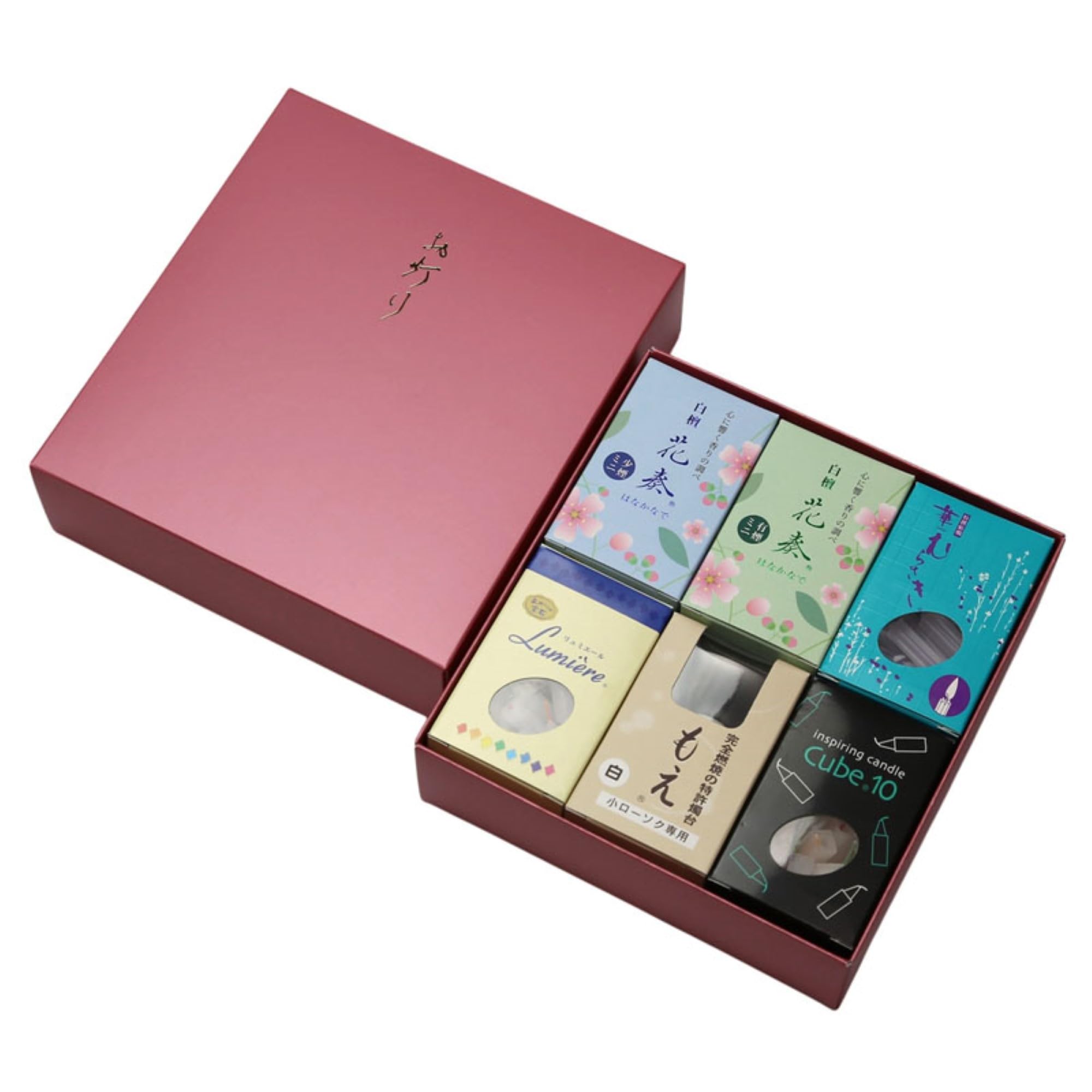 

6-piece Lumiere candle set (small box), Hana Murasaki mini candle (small box), Cube 10 candle (small box), Hana Kanade (smoked and light smoke), and