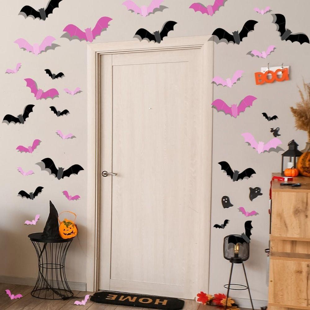 32PCS 3D Pink Bats Halloween Window Bat Stickers Wall Decal  Halloween Party Decorations