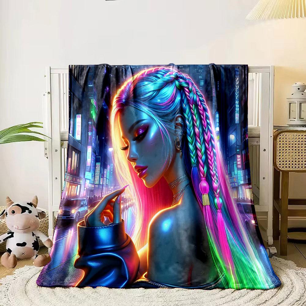 Neon Cyberpunk Styled Woman print blanket soft and cozy perfect for the living room bed sofa or a nap,gift