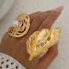 Irregularly Wound Imitation Pearl Open Ring, Exaggerated Wind Metal Pleated Leaf Ring Female