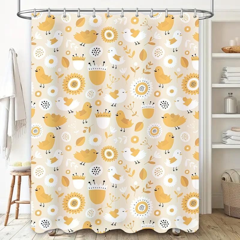Adorable Birds Sunflower Shower Curtain Waterproof Fabric Bathroom Decor Luxury White Yellow Pattern T120835W146