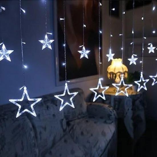 Star Curtain Lights for Bedroom - Plug-in 9ft 138 LED Fairy Twinkle Lights with 12 Star Drops, Connectable Window Lights with Remote 8 Lighting Modes Star - White