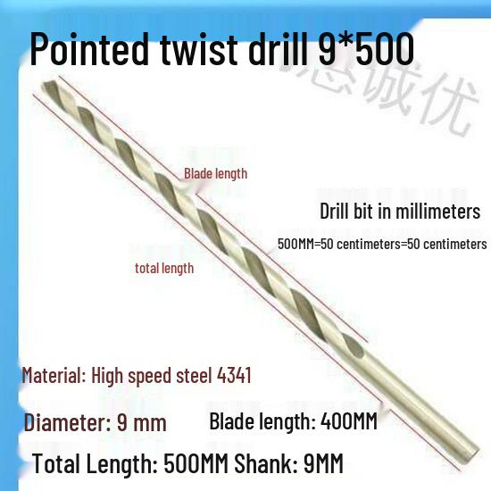 Extra Long 5060 Cm Twist Drill Bit, 500mm High-Speed Steel, Straight Shank for Deep Hole Drilling In Stainless Steel, Wood, 468 Industrial Series.