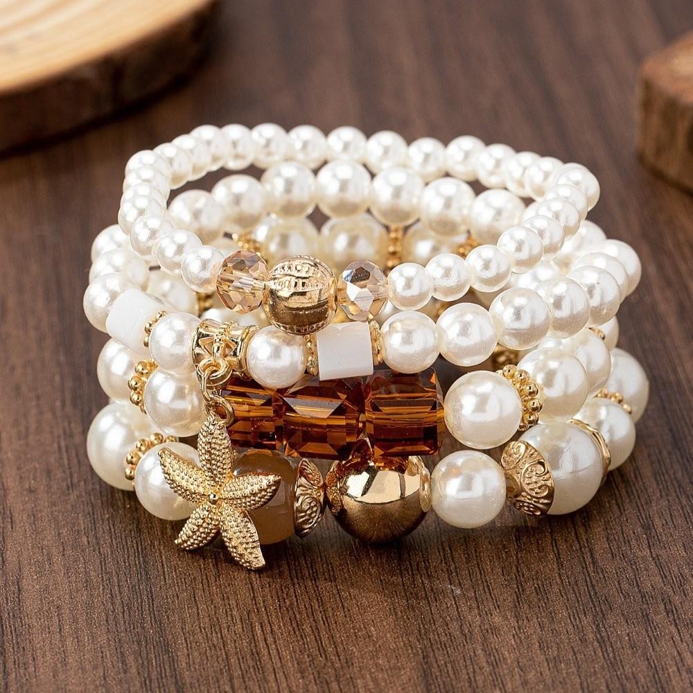 4pcs/set Ethnic Style Simulated Pearl Bracelets Adjustable Multilayer Hand Chain For Women