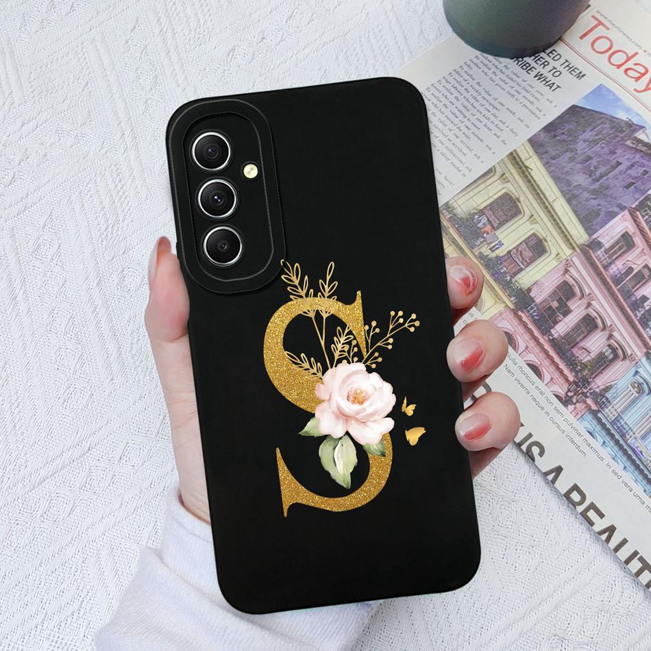 Phone Case For Samsung Galaxy A34 A33 A32 Elegant Rose Letter Soft Liquid Silicone Sqare Back Cover For Samsung A 34 33 32 Shell