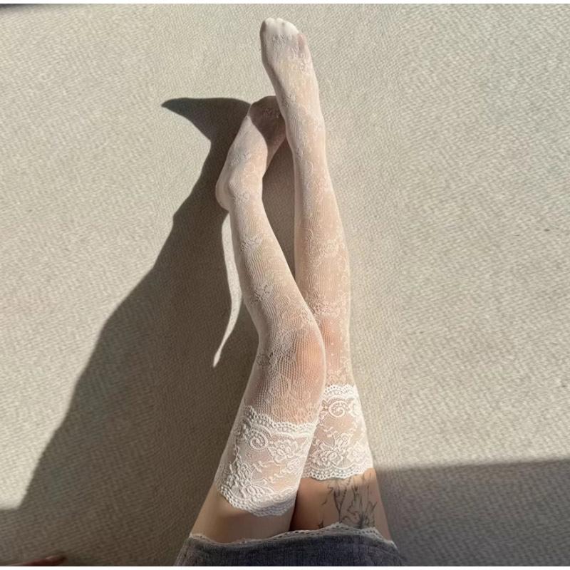 Dámské sexy nylonové síťované punčochy s krajkovým lemem Retro květinové Sladké Síťované Prodyšné Nadkolenky Dlouhé Ponožky JK Nadkolenky