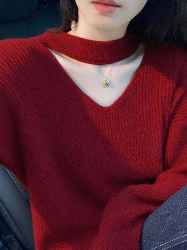 Korean Style Red V-Neck Halter Knit Sweater for Women - Autumn/Winter
