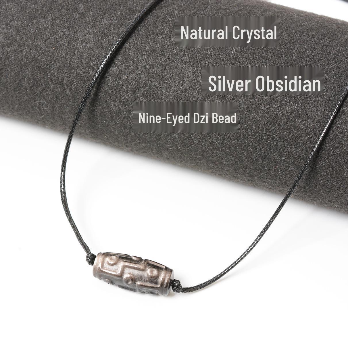 Женское серебристо-блестящее ожерелье-подвеска из обсидиана «Девятиглазый Дзи» с регулируемым шнуром