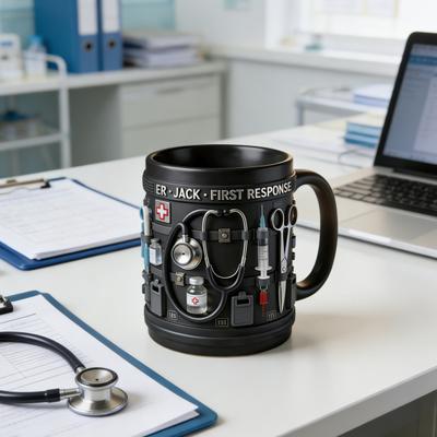 Taza Temática Médica Personalizada ER Jack Primeros Auxilios Taza con Herramientas Médicas 3D Taza de Café de Cerámica Negra para Doctores Enfermeras Regalo Práctico Coleccionable
