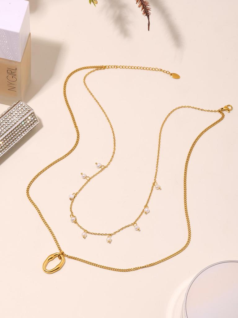 Qiong Yao European American Fashion Pearl Flower Multi-layer Necklace with Light Luxury Design and Stainless Steel Clavicle Chain