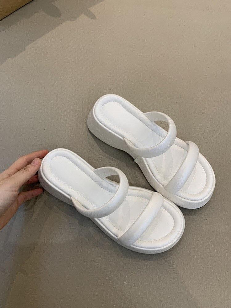 

French niche cool sweet hottie open-toed pink leopard print one-word slippers female summer wear thick-soled thick heels 40