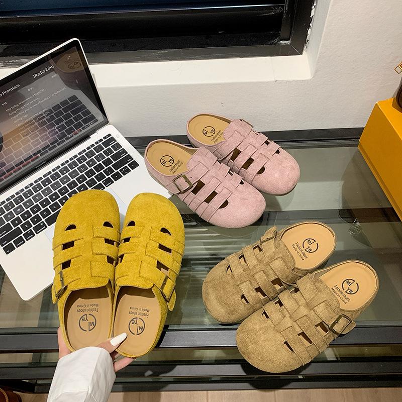 Baotou half single shoes women's summer 2025 new soft leather pig cage shoes platform non-slip sandals one pedal Boken shoes