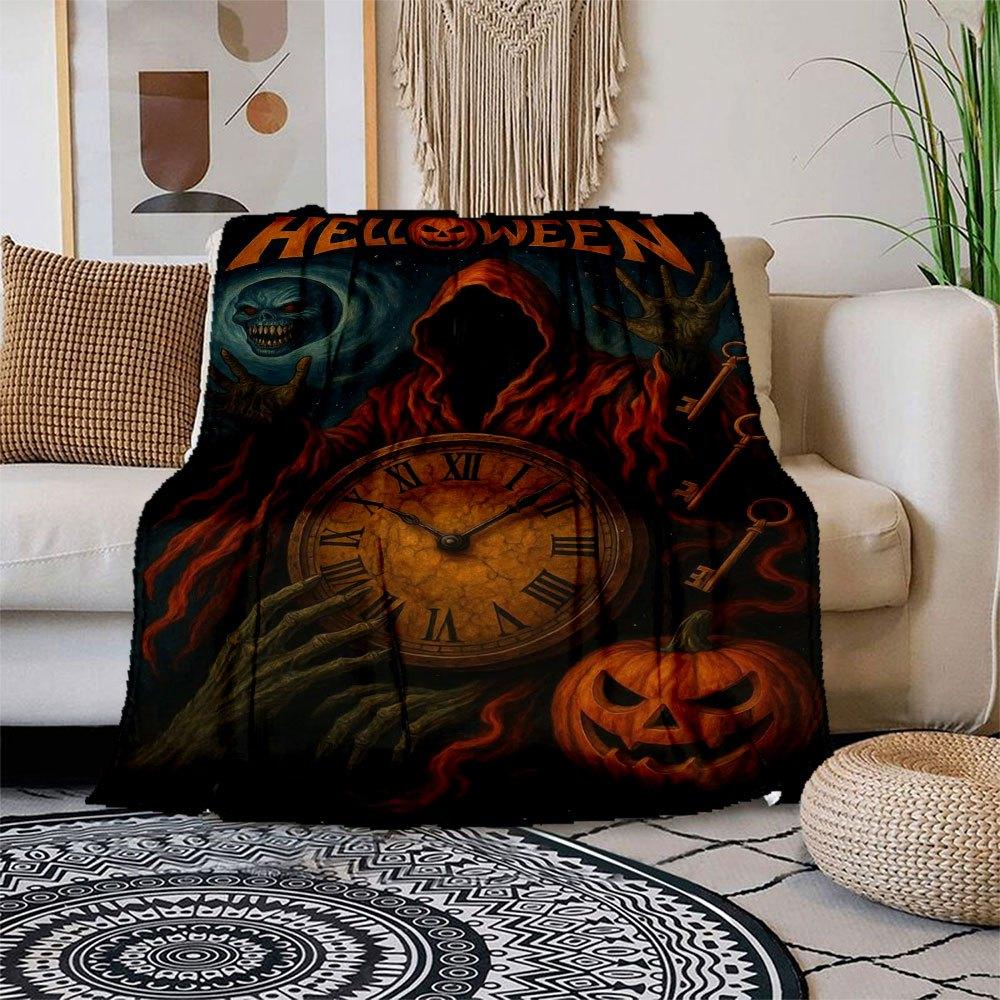 "Halloween Spooky Clock with Pumpkin and Ghost"Blanket Flannel Throw Blanket for Sofa, Bed, Travel, Camping, Office