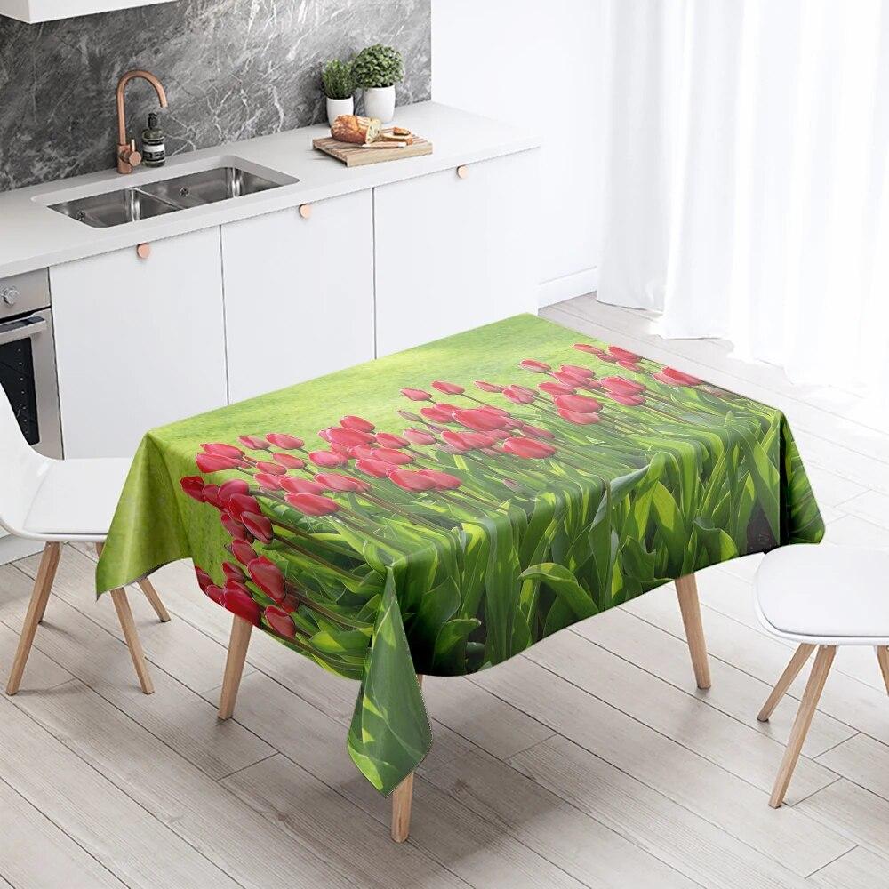 White Red Tulip Tablecloth Colorful Floral  Stain Resistant Waterproof Rectangular Kitchen Dining Table Home Decor