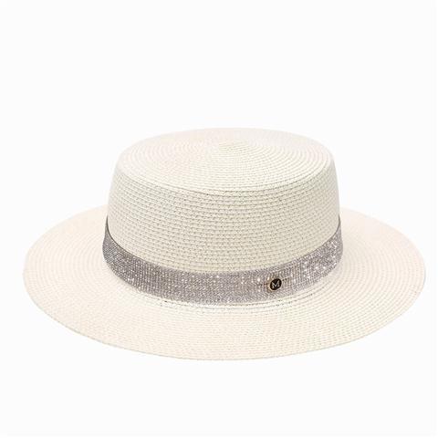 Rhinestone Flat Top Straw Hat M Standard Hat Women's Beach Travel Hat Fashion Wide Brim Versatile Sun Protection Flat Brim Straw Hat