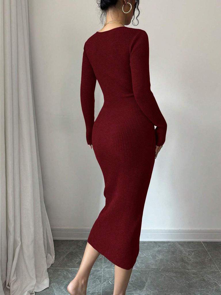 Women's Knitted Elegant Wrap Dress High Waist Bodycon Midi V-neck Long Sleeve Autumn Winter Dresses