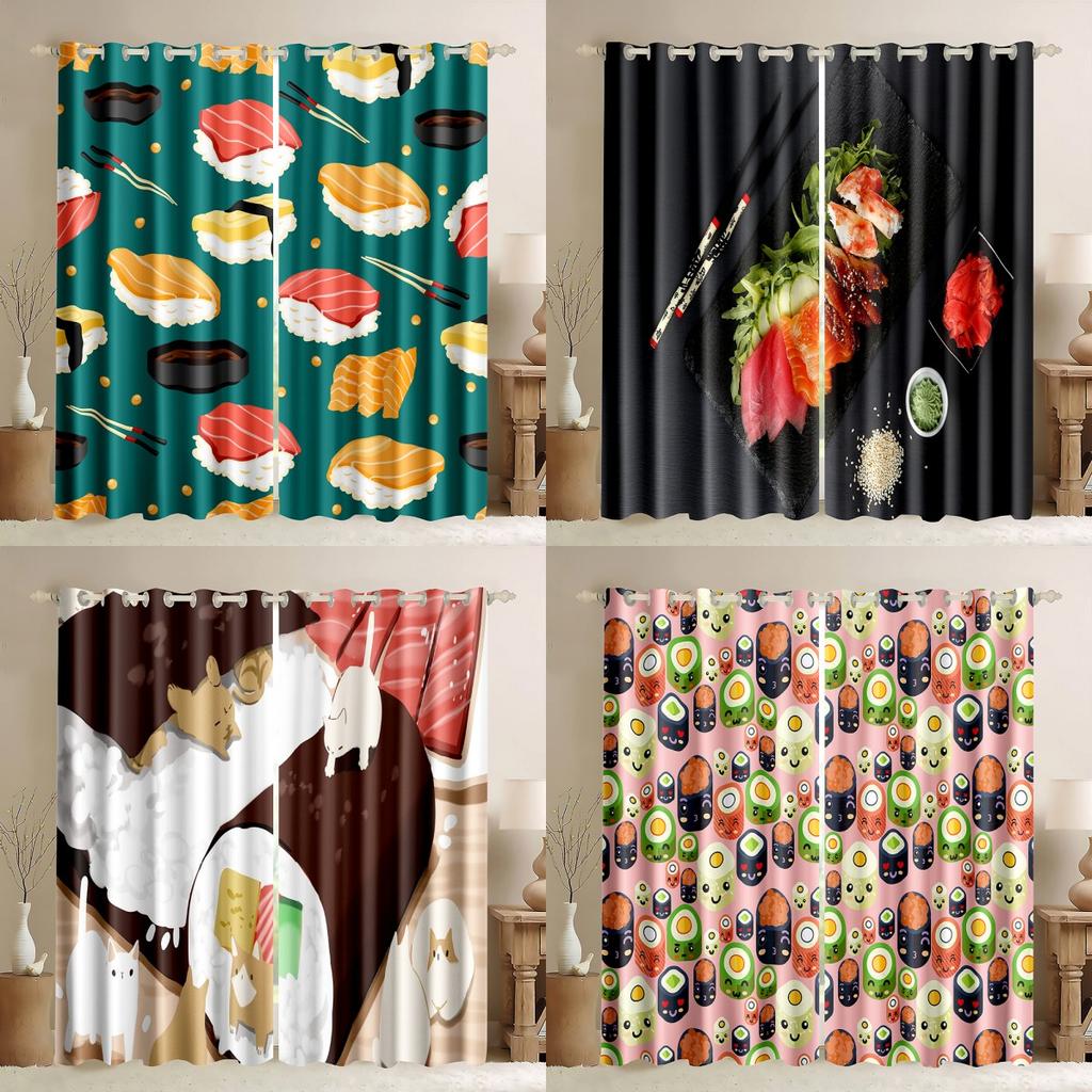 Funny Sushi Print Blackout Curtains Kids Room Right Biparting Open Drapes 2Pieces Thick Fabric