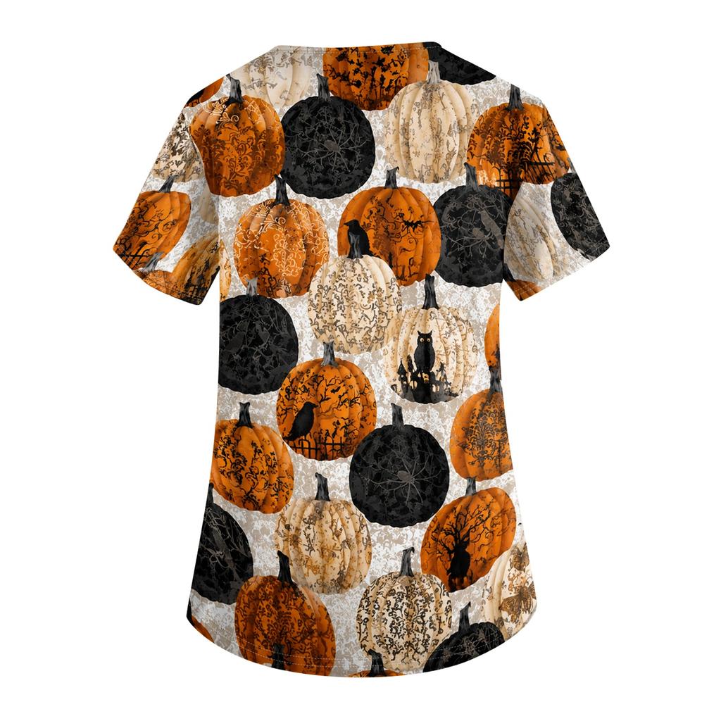 Womens V Neck Halloween Print Short Sleeve Scrub Top with Pocket Side Slit Medical Uniform Shirt for Healthcare Professionals