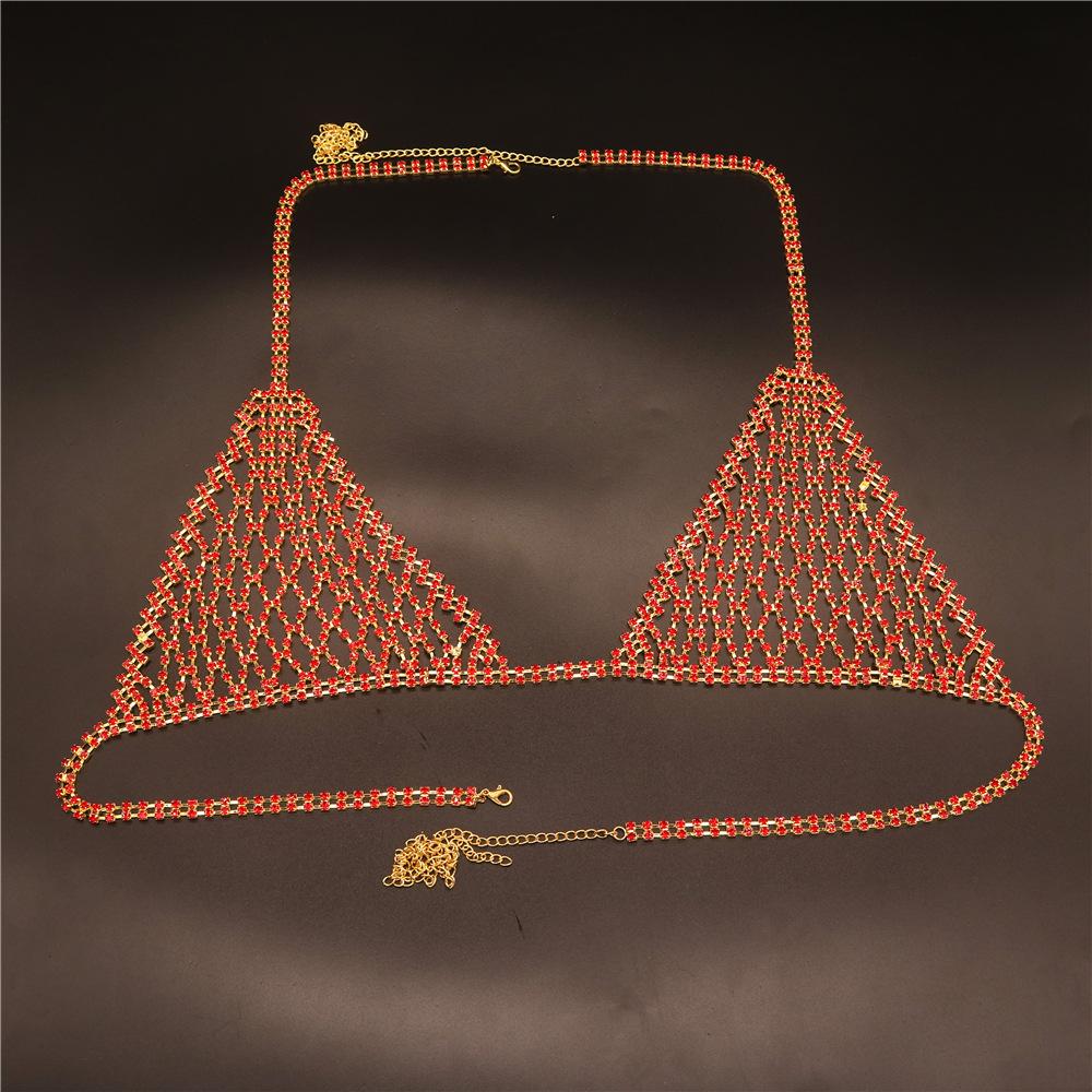 Fashion Luxury Red Crystal Sexy Body Chain Set Sexy Bikini Bra Short Skirt Body Jewelry Women