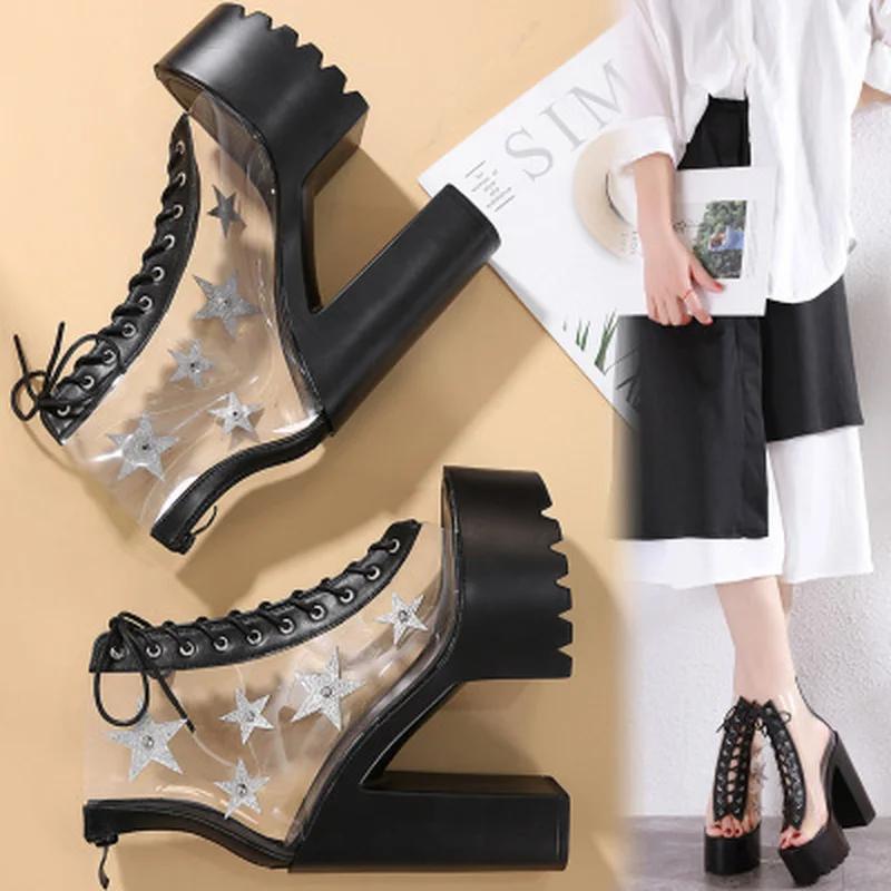 Fashion 14.5CM Women's Square Heels Boots High Transparent Female Thick Platform Waterproof Nightclub Catwalk Sandals