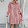 VONDA Elegant Women Lapel Neck Long Sleeve Striped Ruffled Casual Shirts Dress