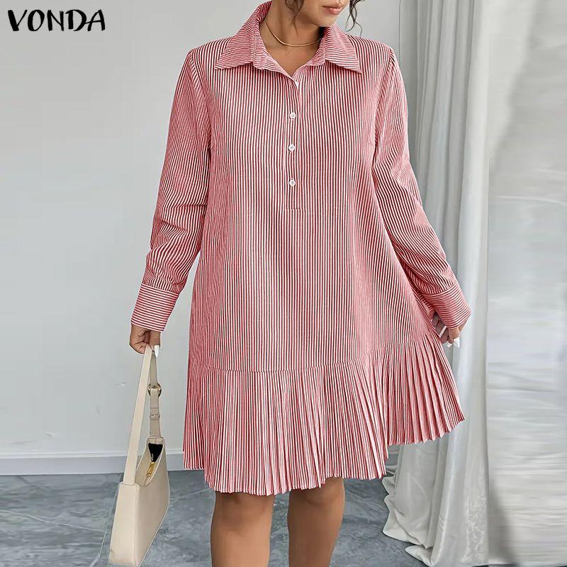VONDA Elegant Women Lapel Neck Long Sleeve Striped Ruffled Casual Shirts Dress