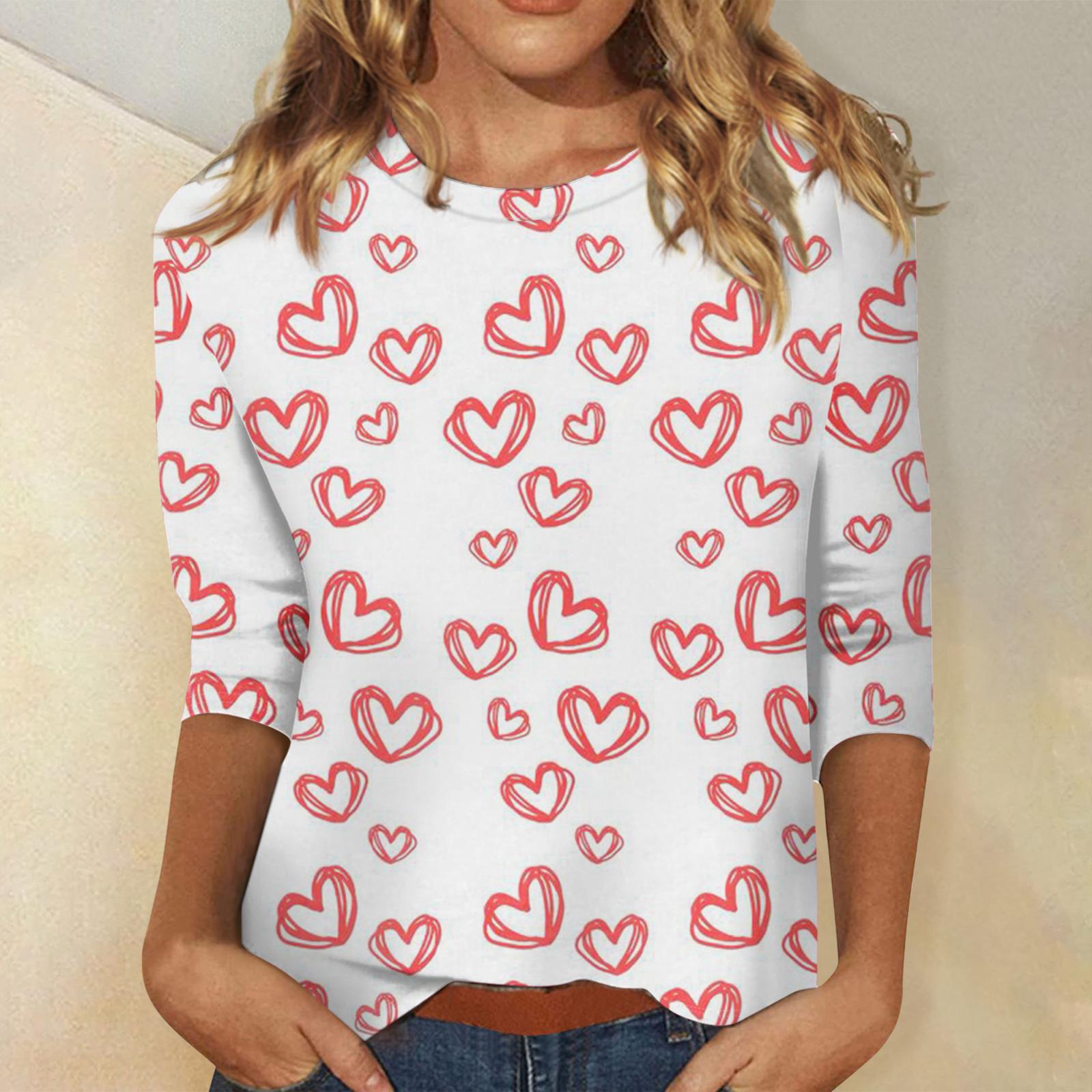 

Women s Valentine s Day Print Fashion Casual 3/4 Sleeve Round Neck Top XL білий