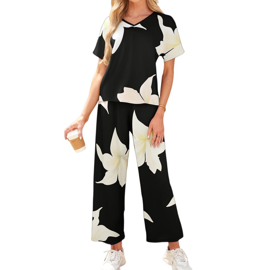 Women's Casual Vacation V-Neck Sleeve Top And Trousers Fashion Print Two Piece Set