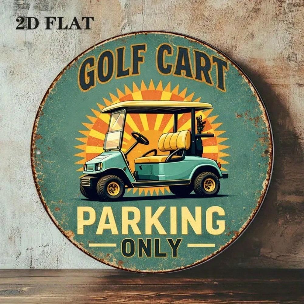 1pc Retro Golf Cart Parking Vintage Round Metal Plaque English Wall Decor For Garage Bar Club