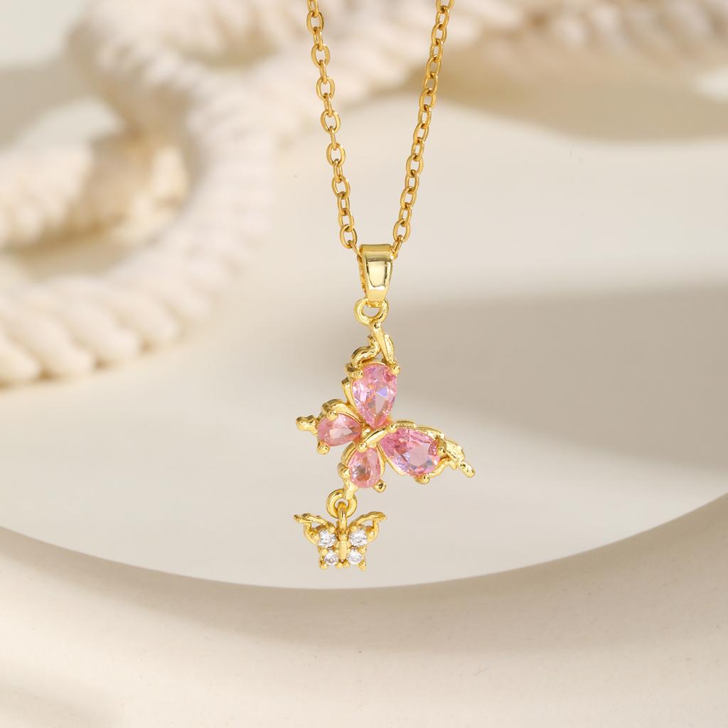 Pink Water Drop Zircon Pendant Necklace for Women Link Chain Tulip Flower Necklaces Luxury Daily Charm Jewelry Gift