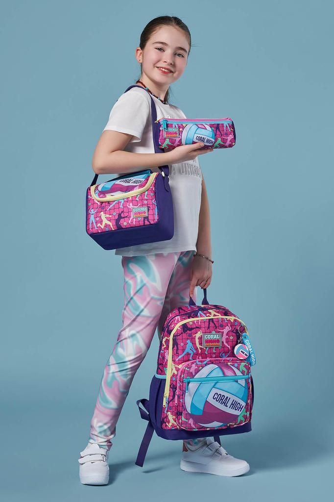 coral high 3-teiliges Schulranzen-Set für Kinder mit Volleyball-Muster, Rosa/Lila SET0123761