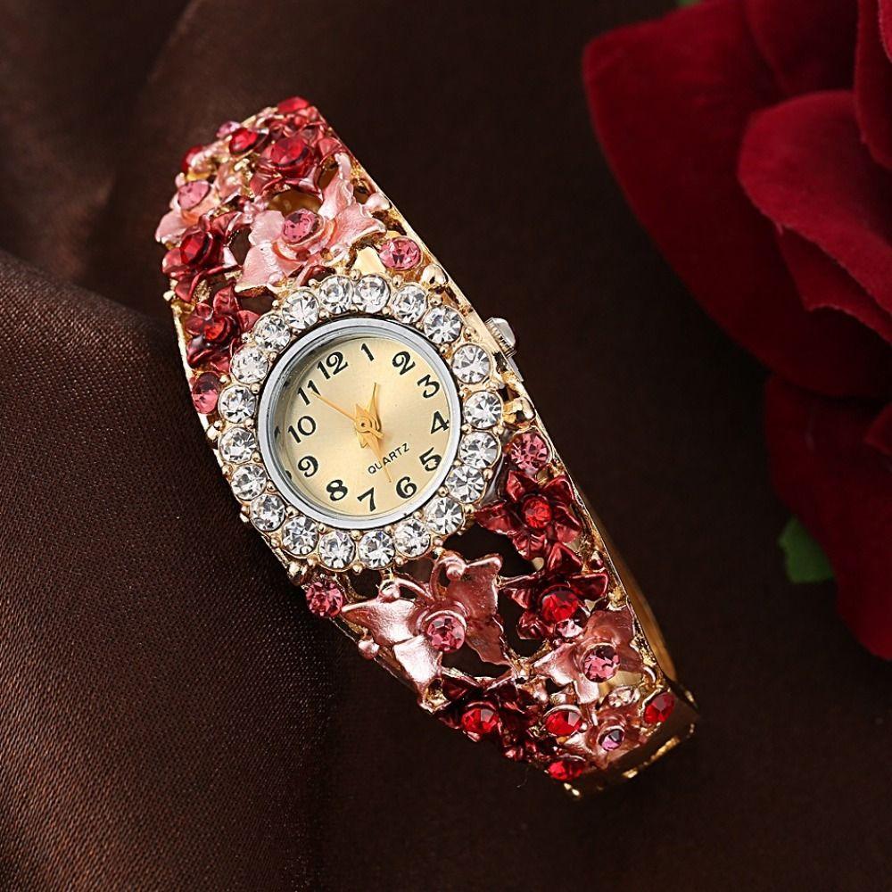 Rundes Zifferblatt Damen Armbanduhr Strass Armband Quarz Uhr Armbanduhr Hofstil