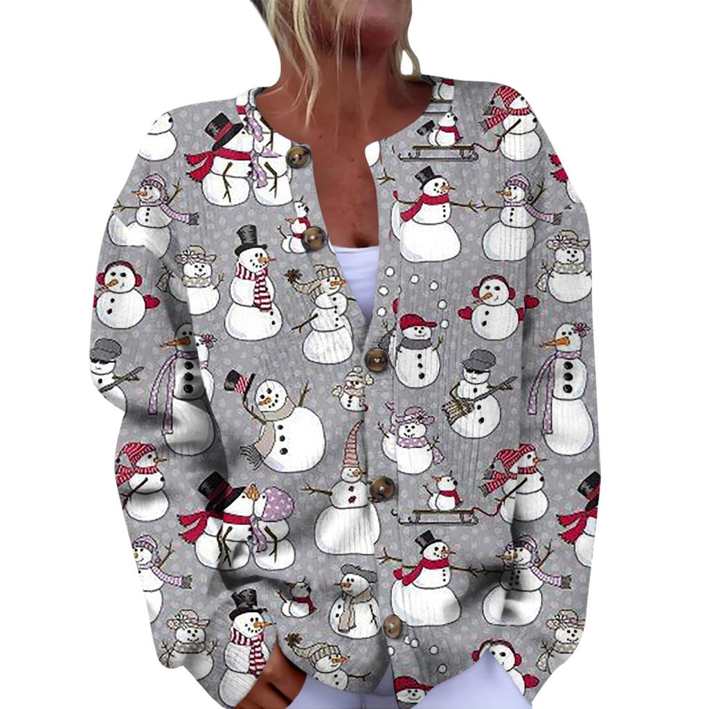 Women's Fashion Christmas Printed Long Sleeve Knitted Cardigan Button Down Jacket