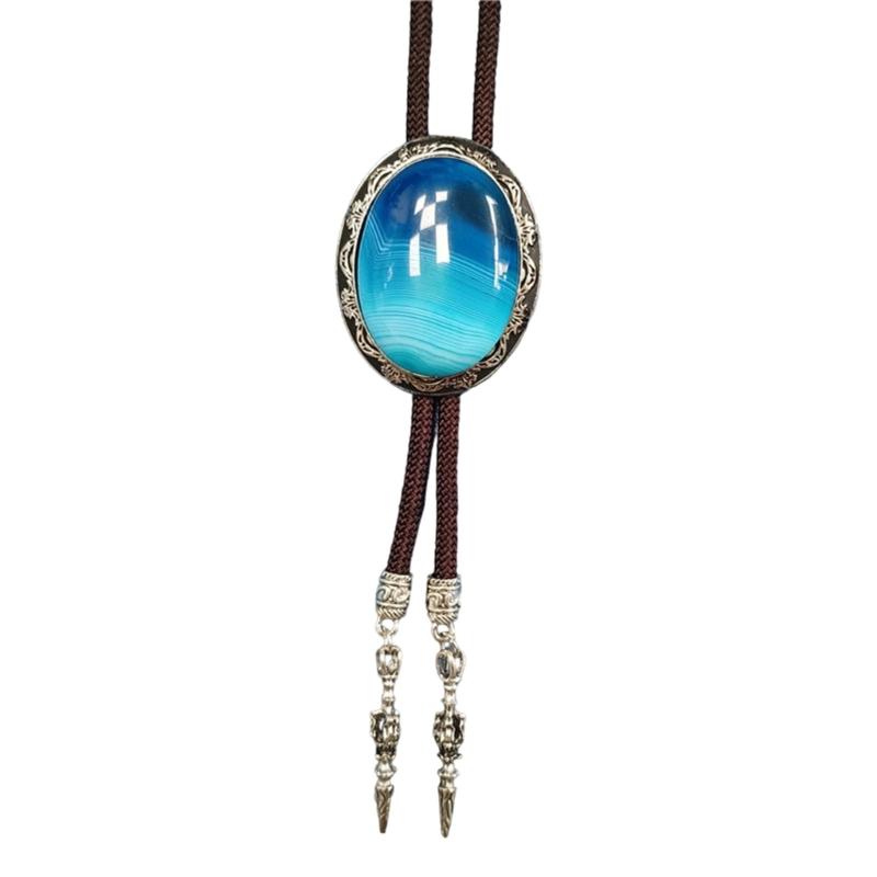 Adjustable Braided Cord Rodeos Bolo Tie Necktie Feature Oval Shape Stone Pendant Western Jewelry Necklace for Men Women