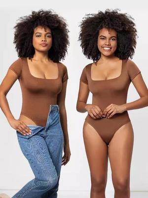 European & American Women's Square Neck Slimming Short Sleeve Bodysuit Jumpsuit