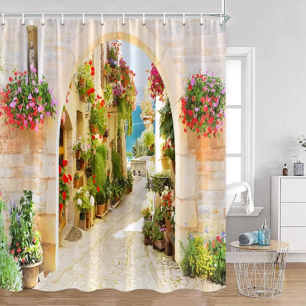 Vintage European Style Street View Shower Curtain Street View Old Stone Wall Plant Bathroom Curtain Bath Decoration