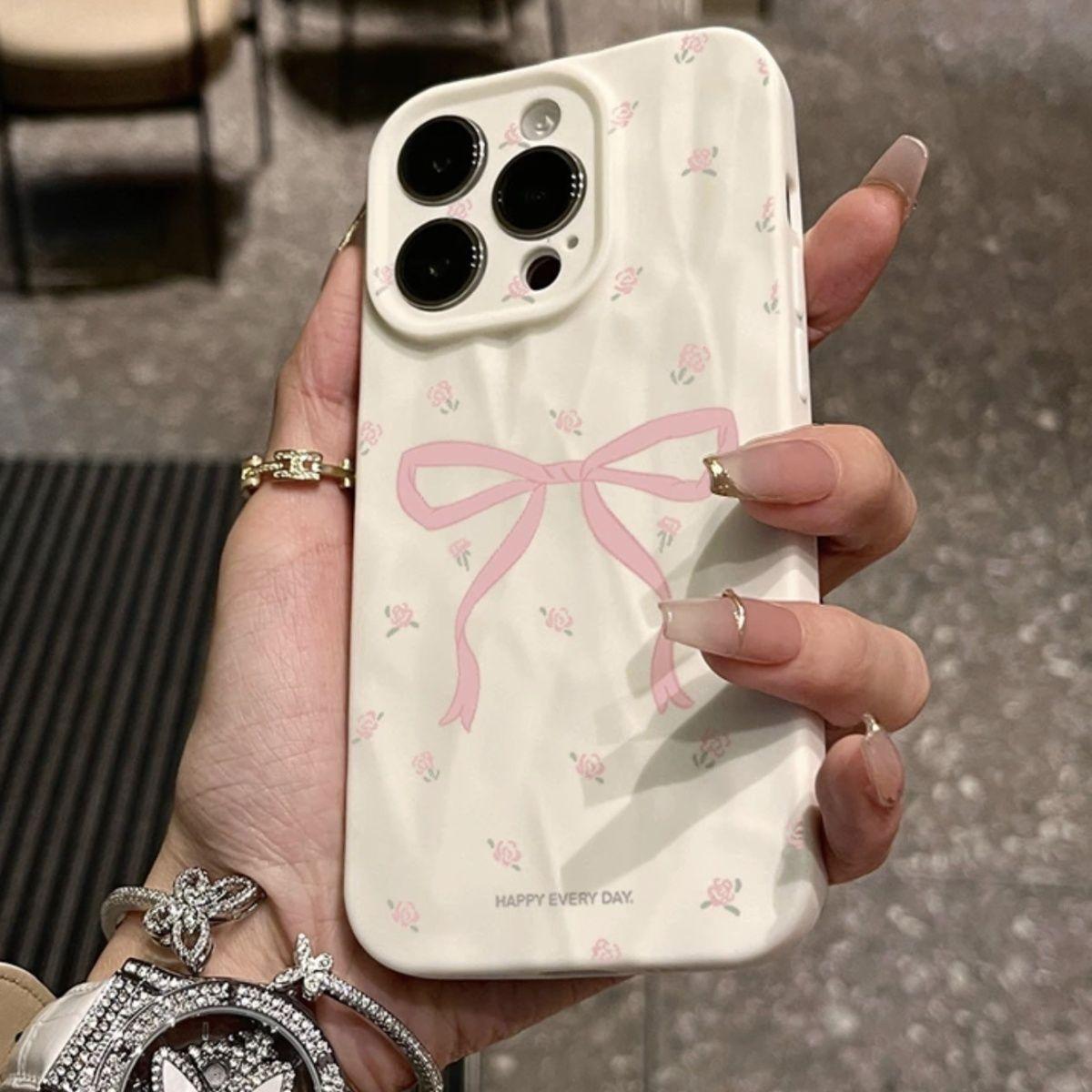 

Wrinkled Solid Color High end Floral Bow Suitable for Apple 16 Mobile Phone Case Full Inclusive IPhone 15 Protective Case Anti Fall Apple 17PROMAX