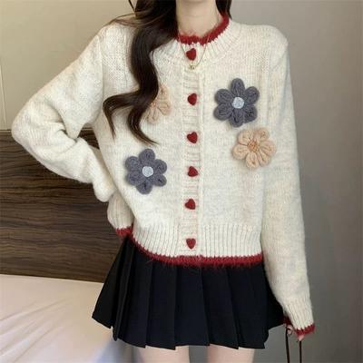 French Temperament Floral Round Neck Sweater Coat Women's Autumn Winter Lazy Style Short Knitted Cardigan